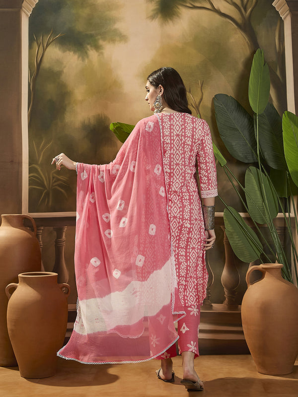 Floral Printed V Neck Straight Kurta Trouser With Dupatta