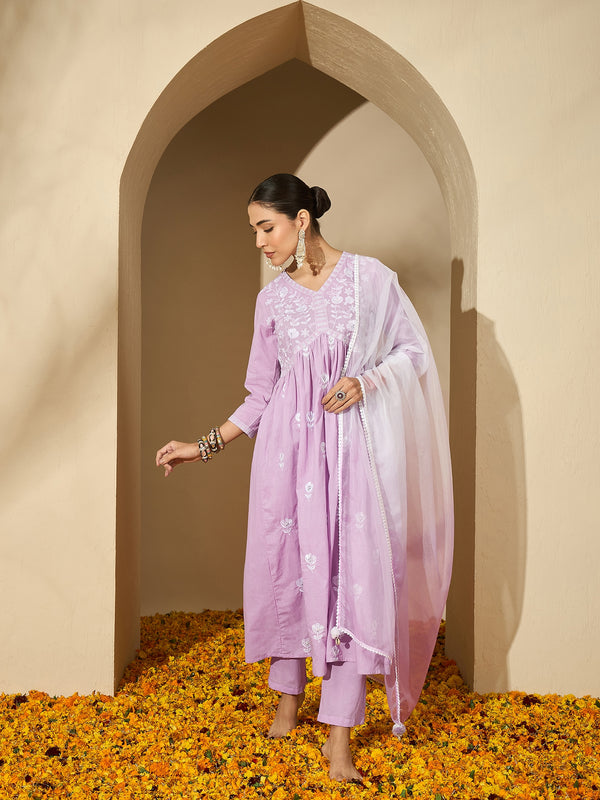 Mauve Mirage Floral Embroidered V-Neck Silk Blend Kurta Set with Dupatta