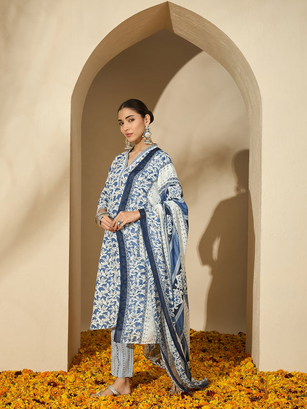 Floral Printed V Neck Straight Kurta Trouser With Dupatta