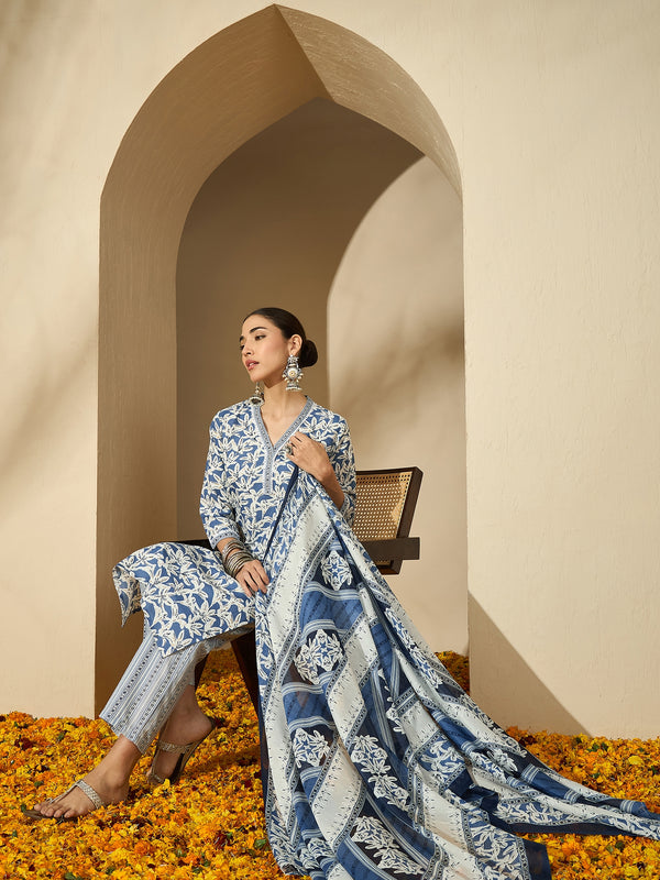 Floral Printed V Neck Straight Kurta Trouser With Dupatta