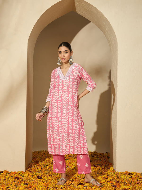 Peach Blossom Trail Floral Printed Straight Kurta with Trouser & Dupatta