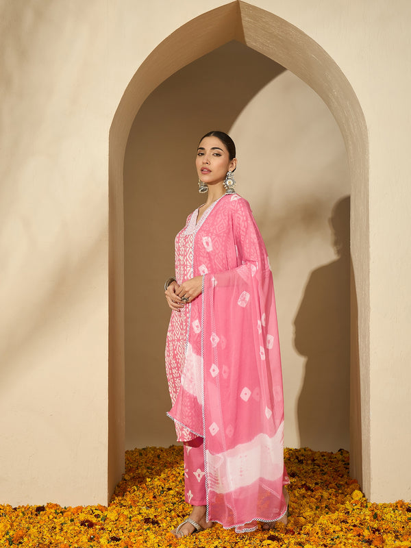 Peach Blossom Trail Floral Printed Straight Kurta with Trouser & Dupatta