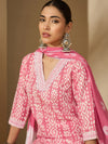 Peach Blossom Trail Floral Printed Straight Kurta with Trouser & Dupatta