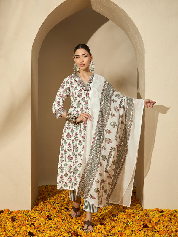 Pearl Garden Floral Printed White Lace Kurta Set with Dupatta