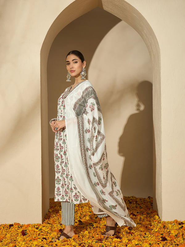 Pearl Garden Floral Printed White Lace Kurta Set with Dupatta