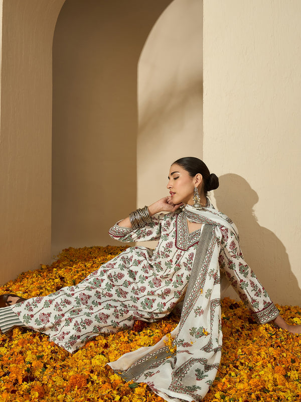 Pearl Garden Floral Printed White Lace Kurta Set with Dupatta
