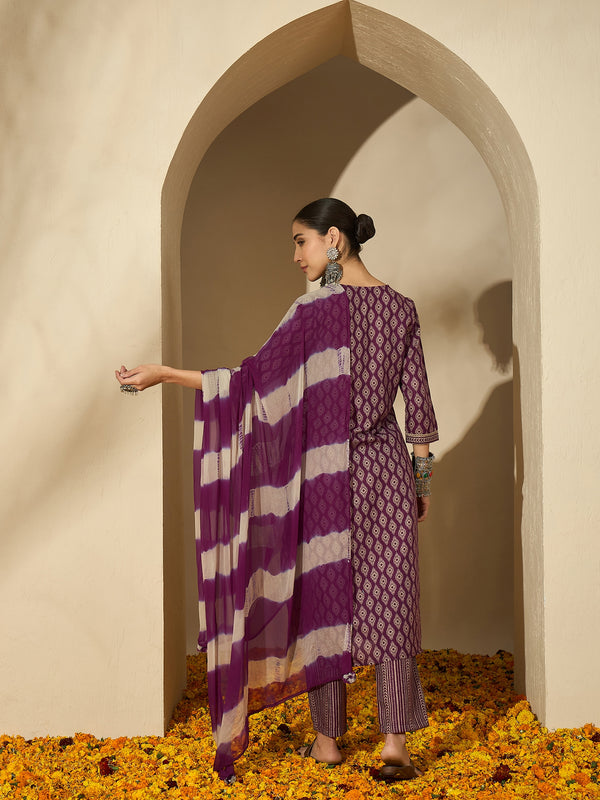 Mulberry Muse Purple & Beige Printed V-Neck Kurta Set with Dupatta