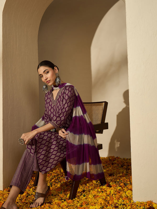 Mulberry Muse Purple & Beige Printed V-Neck Kurta Set with Dupatta