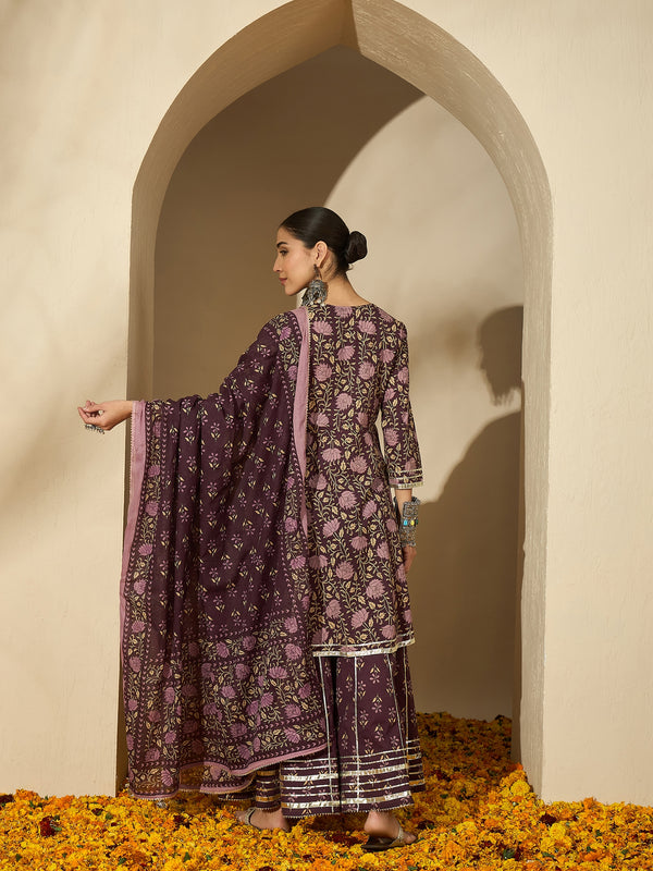 Iris Glow Purple Printed Cotton Kurta Sharara Set with Dupatta