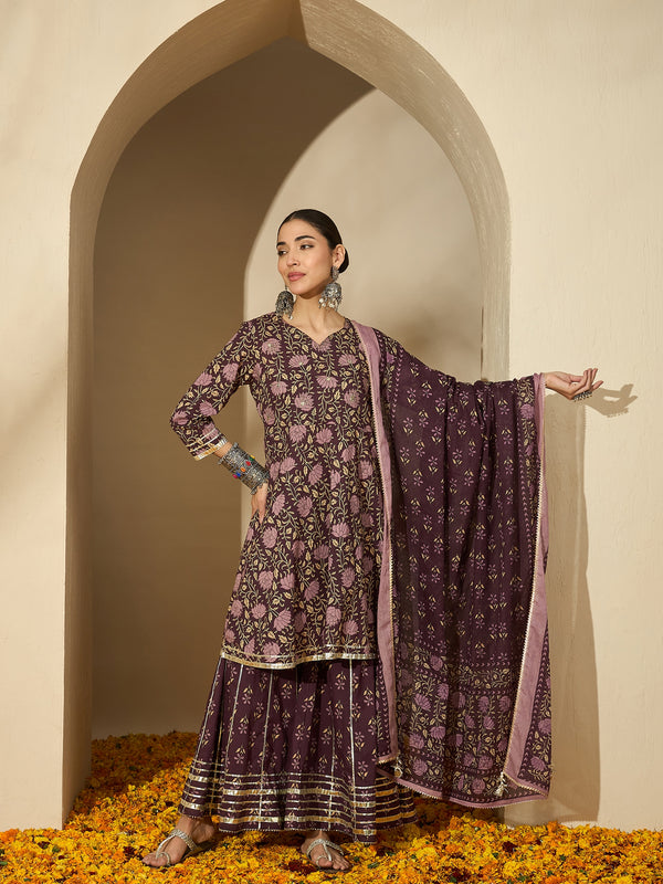 Iris Glow Purple Printed Cotton Kurta Sharara Set with Dupatta