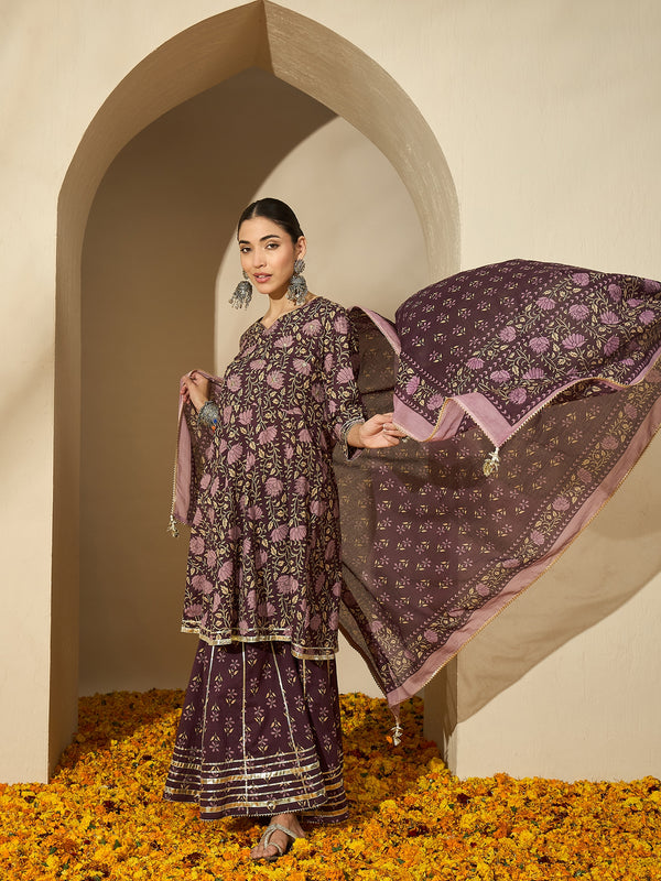 Iris Glow Purple Printed Cotton Kurta Sharara Set with Dupatta
