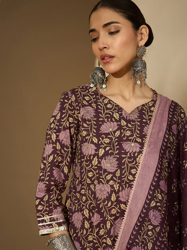 Iris Glow Purple Printed Cotton Kurta Sharara Set with Dupatta