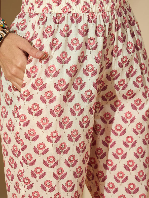 Pastel Vine Floral Printed A-Line Cotton Kurta with Trouser & Dupatta