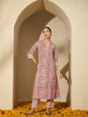 Pastel Vine Floral Printed A-Line Cotton Kurta with Trouser & Dupatta