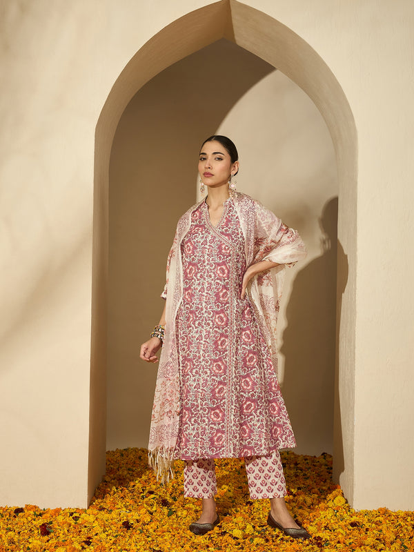 Pastel Vine Floral Printed A-Line Cotton Kurta with Trouser & Dupatta