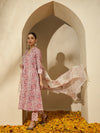 Pastel Vine Floral Printed A-Line Cotton Kurta with Trouser & Dupatta