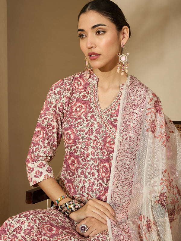 Pastel Vine Floral Printed A-Line Cotton Kurta with Trouser & Dupatta