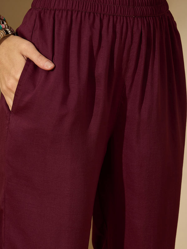 Wine Allure Maroon Embroidered Kurta with Trouser & Dupatta