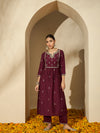 Wine Allure Maroon Embroidered Kurta with Trouser & Dupatta