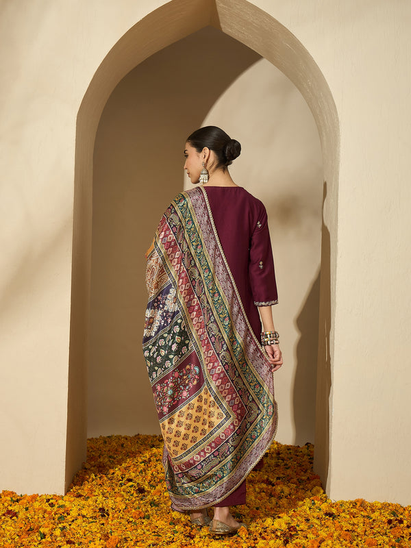 Wine Allure Maroon Embroidered Kurta with Trouser & Dupatta