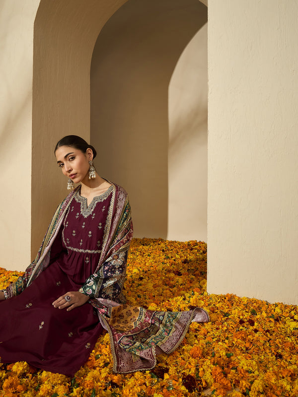 Wine Allure Maroon Embroidered Kurta with Trouser & Dupatta