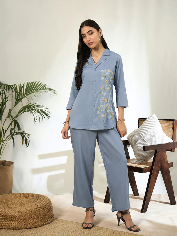Aashra Embroidered Shirt Collar Co-Ord Set with Trousers - BANDIA