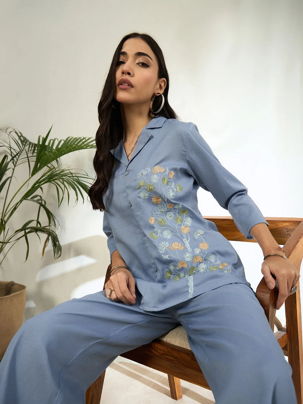 Aashra Embroidered Shirt Collar Co-Ord Set with Trousers - BANDIA