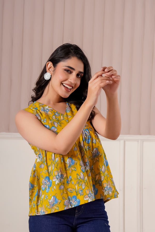 Mustard Floral Sleeveless Top