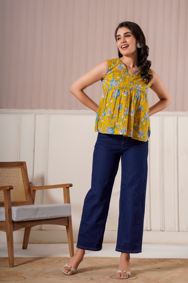 Mustard Floral Sleeveless Top