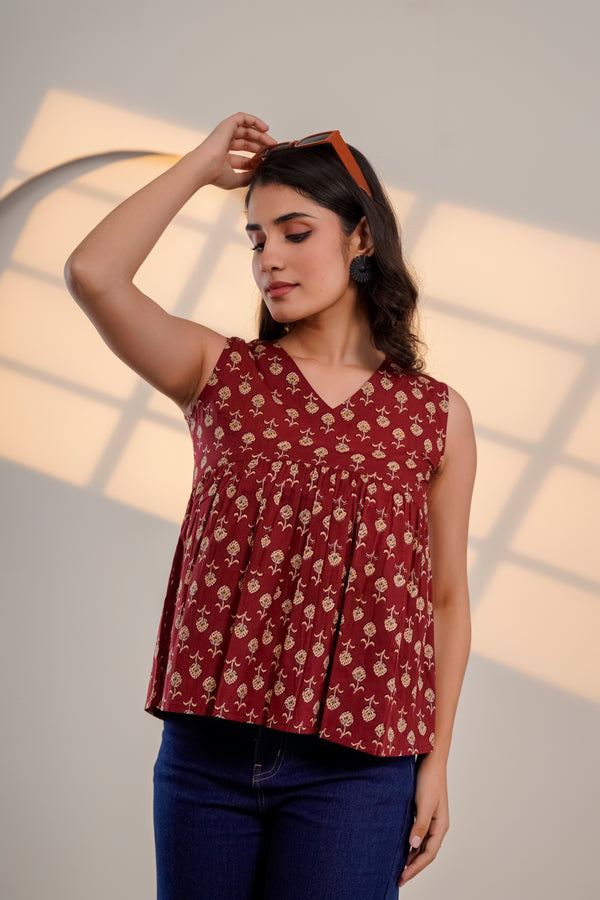 Maroon Printed Sleeveless Top