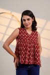 Maroon Printed Sleeveless Top