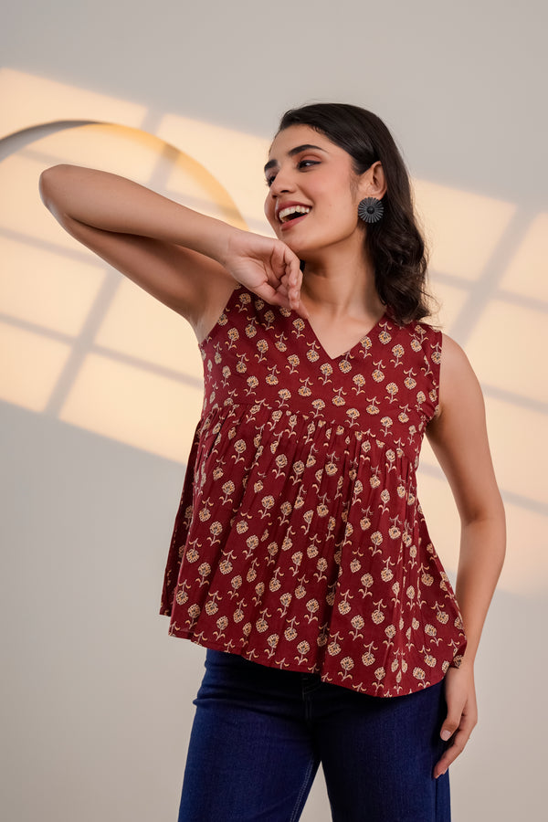 Maroon Printed Sleeveless Top