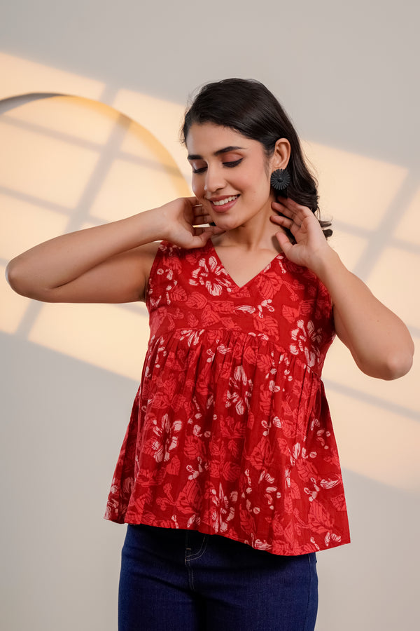 Red Floral Sleeveless Top