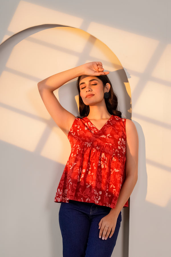 Red Floral Sleeveless Top