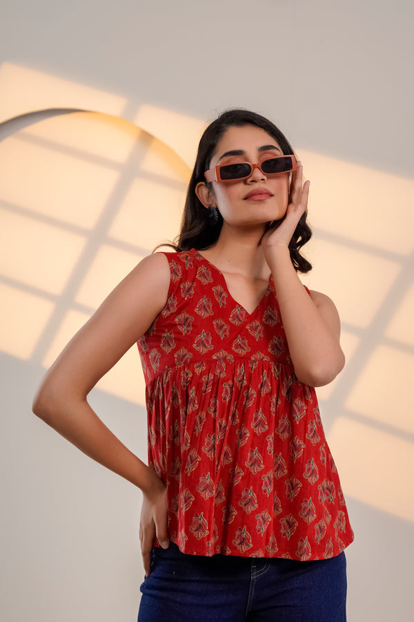 Red Floral Print Sleeveless Top