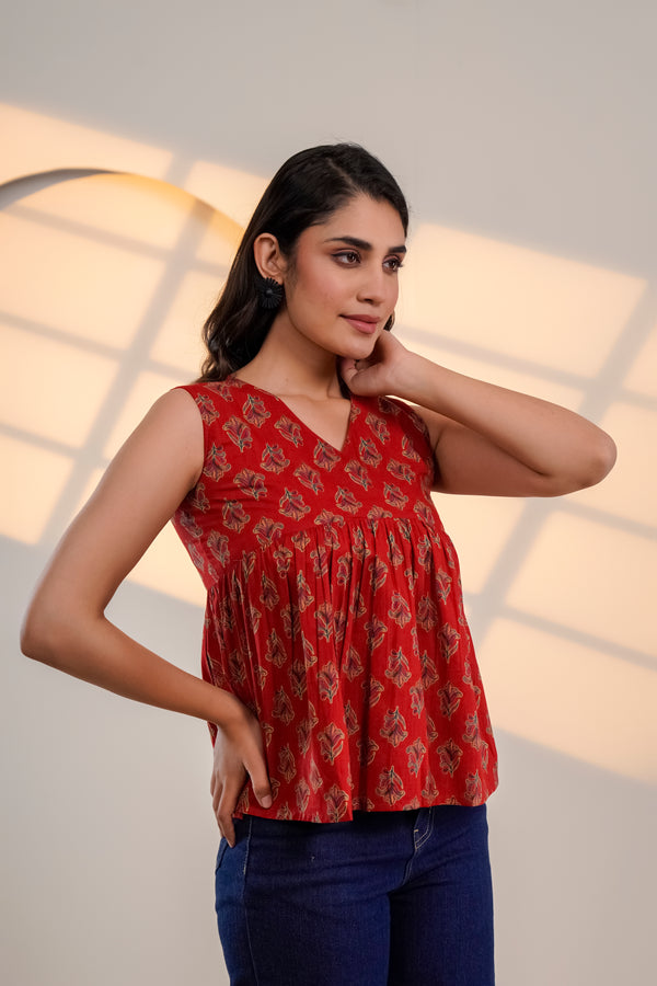 Red Floral Print Sleeveless Top
