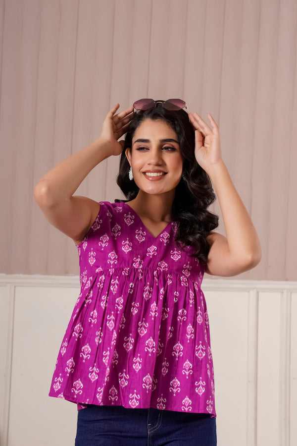 Magenta Ethnic Print Sleeveless Top