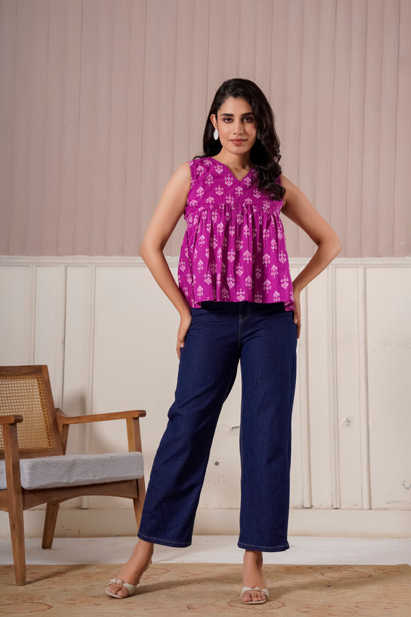 Magenta Ethnic Print Sleeveless Top
