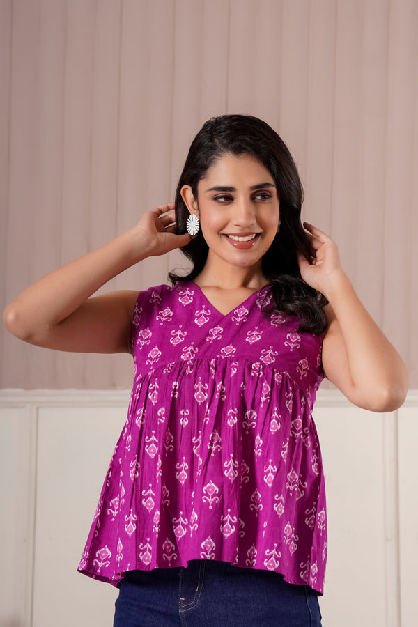 Magenta Ethnic Print Sleeveless Top