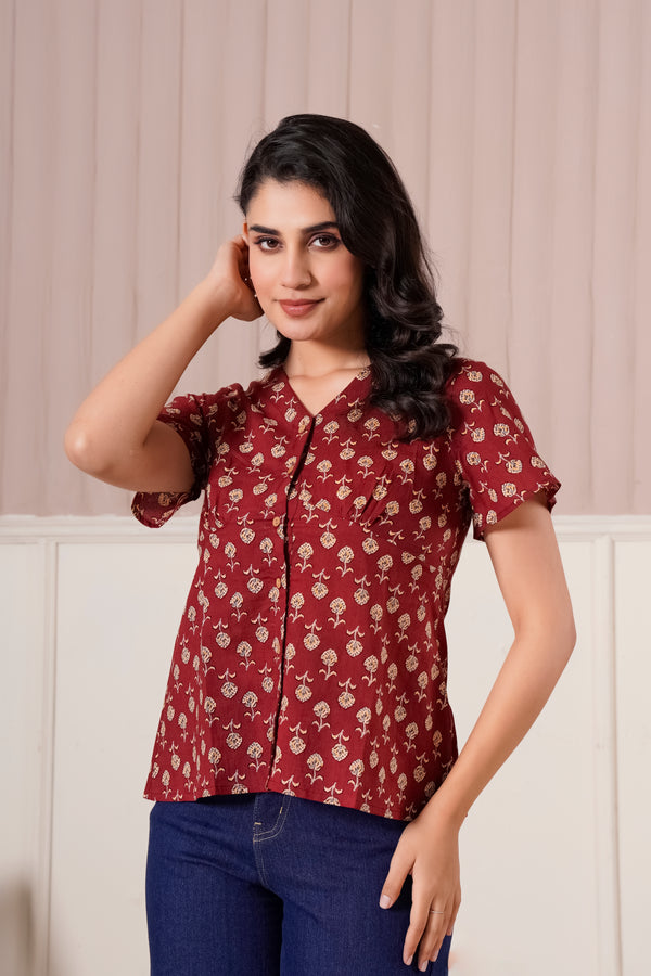 Maroon Floral Printed Short Sleeve Top