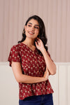 Maroon Floral Printed Short Sleeve Top