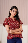 Maroon Floral Printed Short Sleeve Top
