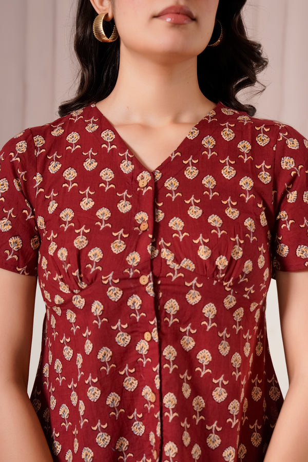 Maroon Floral Printed Short Sleeve Top