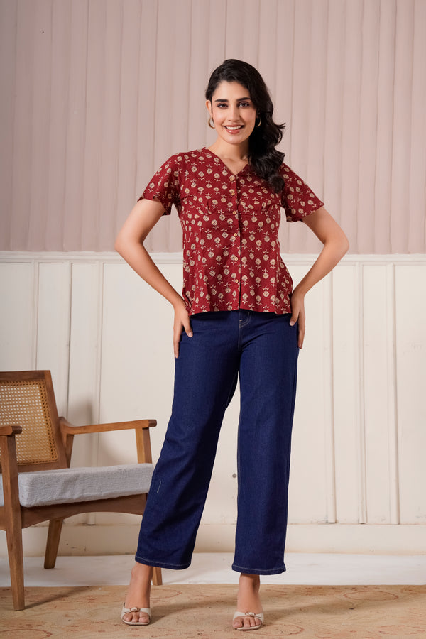 Maroon Floral Printed Short Sleeve Top