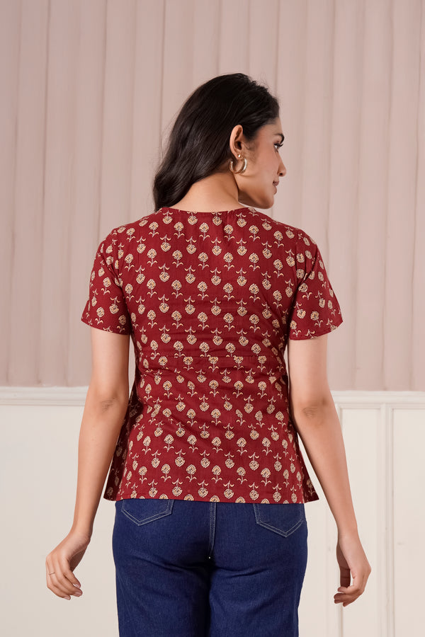 Maroon Floral Printed Short Sleeve Top