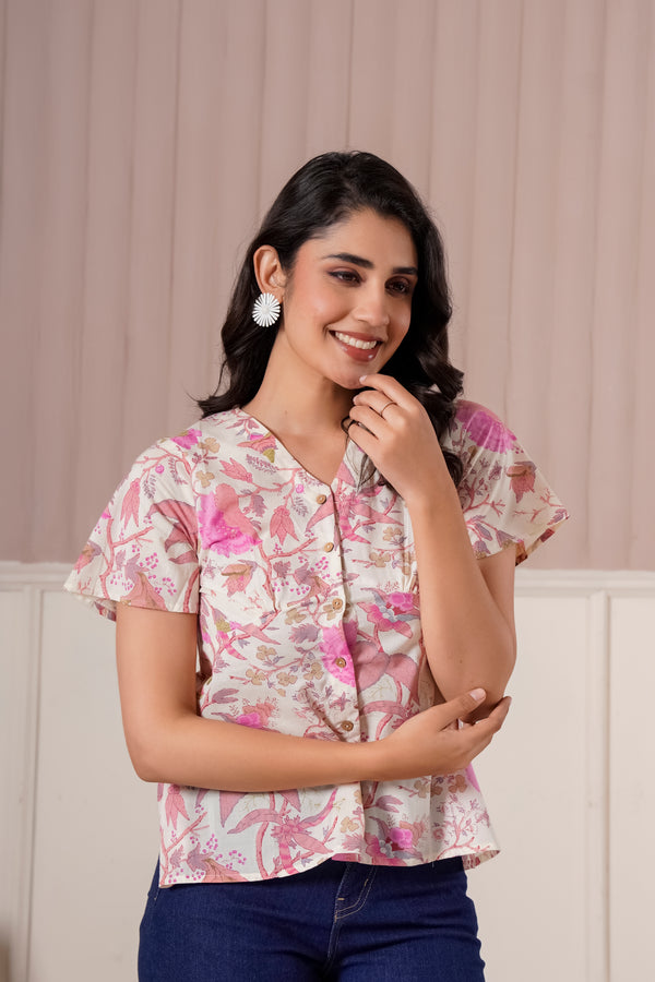 Pink Floral Printed Flutter Sleeve Top