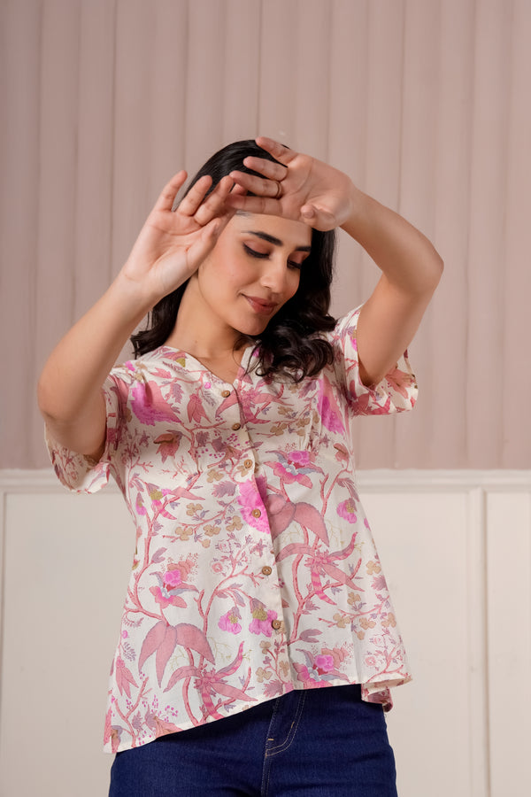 Pink Floral Printed Flutter Sleeve Top