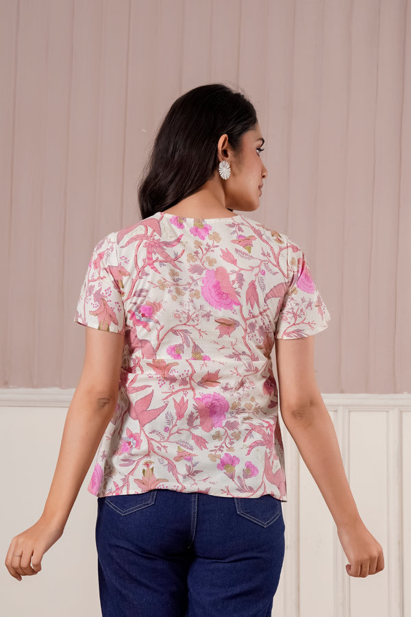 Pink Floral Printed Flutter Sleeve Top