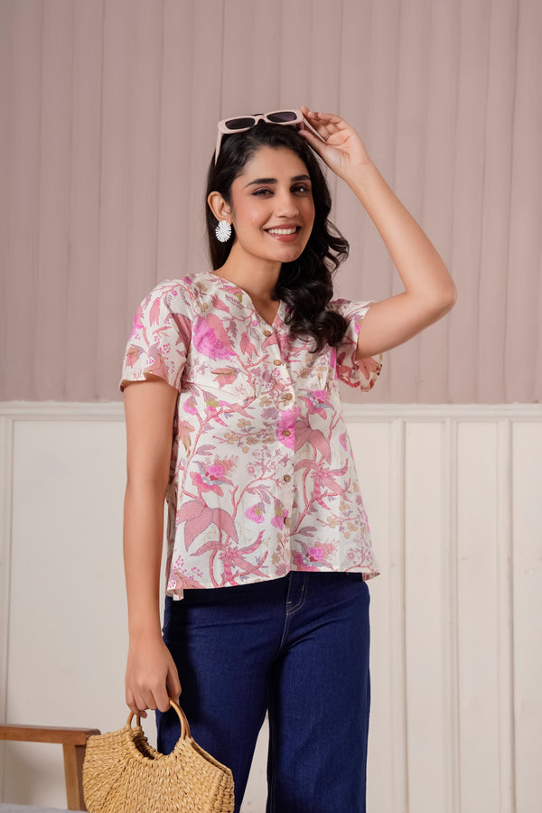 Pink Floral Printed Flutter Sleeve Top