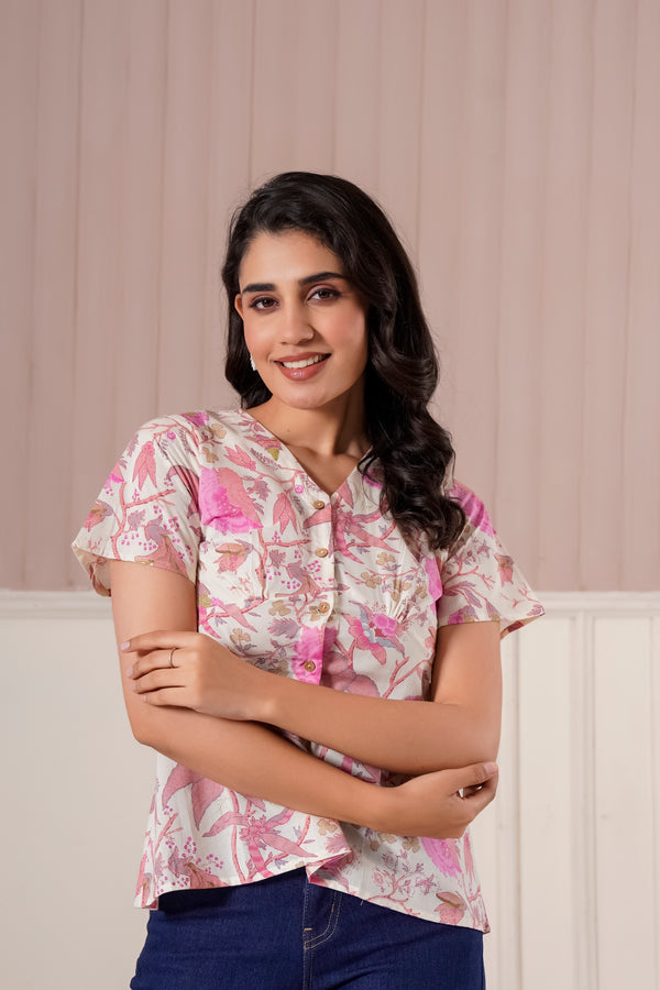 Pink Floral Printed Flutter Sleeve Top